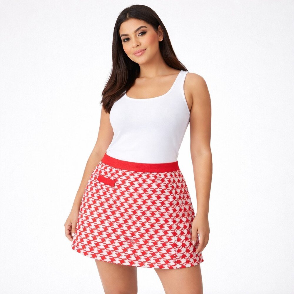 NWOT Lopez Golf Skort Houndstooth Skirt Biker Shorts Red White  Athleisure Sz M